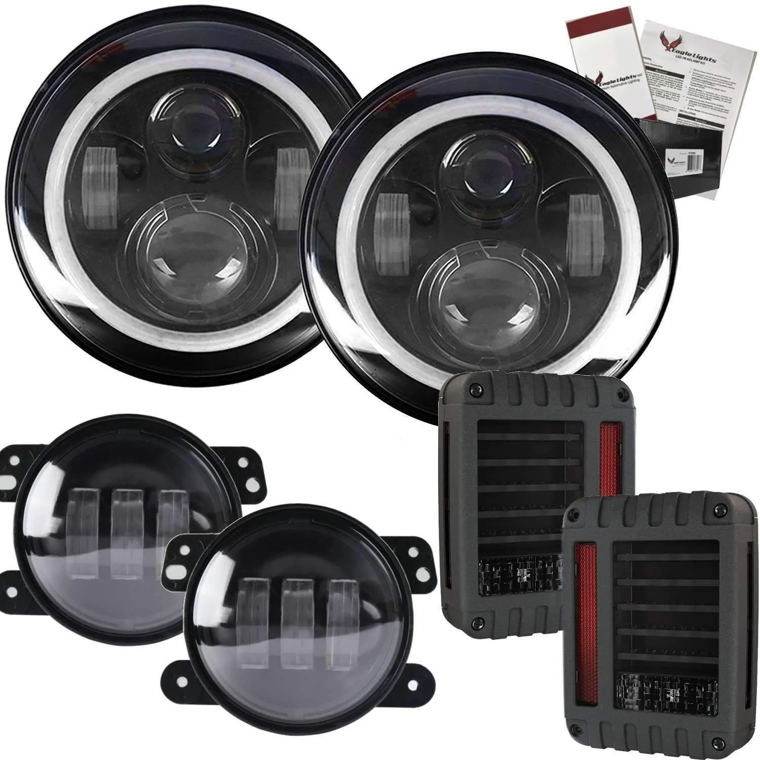 Eagle Lights 7" LED Headlight Kit for Jeeps with White LED Halo Rings - Double Pack