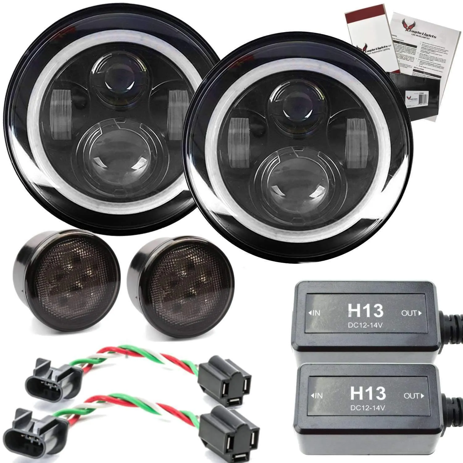 Eagle Lights 7" LED Headlight Kit for Jeeps with White LED Halo Rings - Double Pack