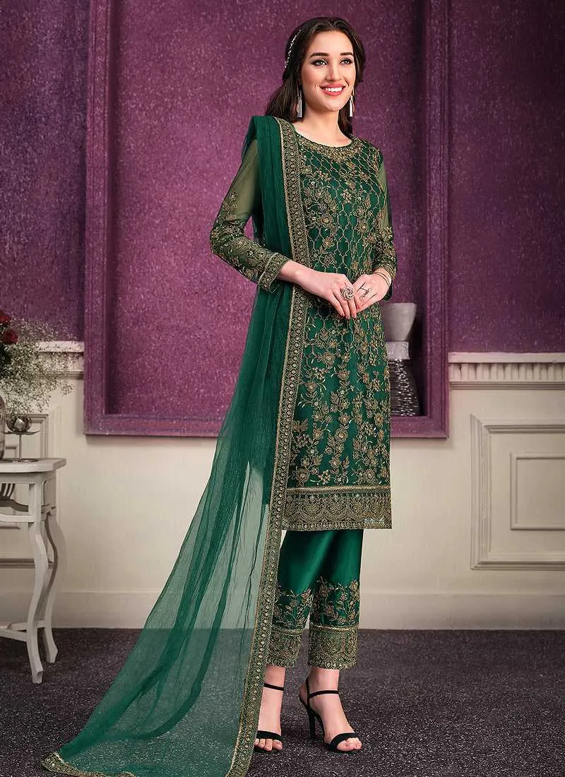 Green Heavy Net Embroidered Straight Pant Style Suit