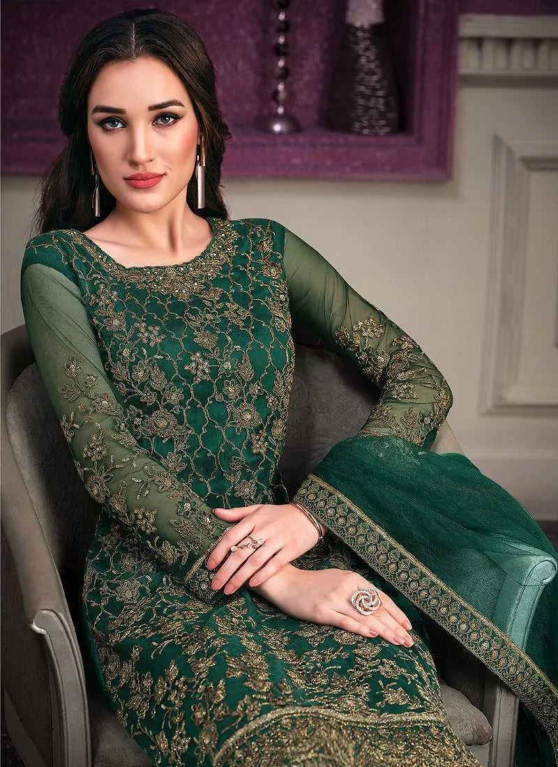 Green Heavy Net Embroidered Straight Pant Style Suit