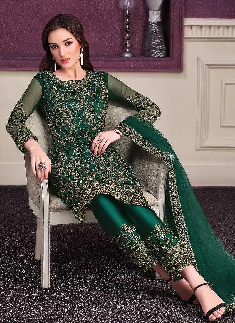 Green Heavy Net Embroidered Straight Pant Style Suit