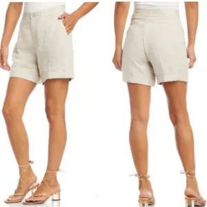 Karen Kane High Waisted Zip Fly Pleated Shorts Linen Oatmeal Womens Size XL NWT
