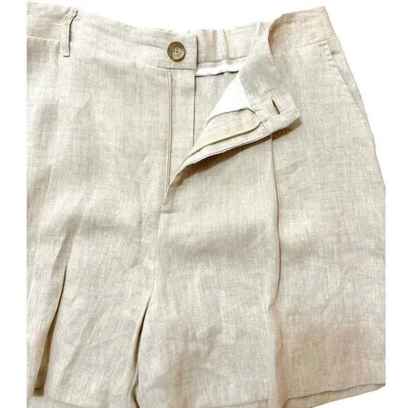 Karen Kane High Waisted Zip Fly Pleated Shorts Linen Oatmeal Womens Size XL NWT