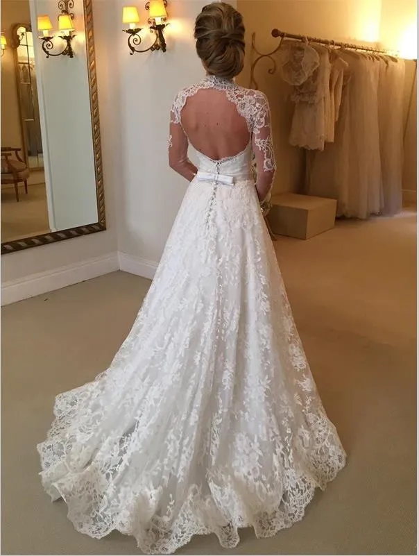 Lace Long Sleeves High Neck Wedding Dresses Court Train Ball Gown