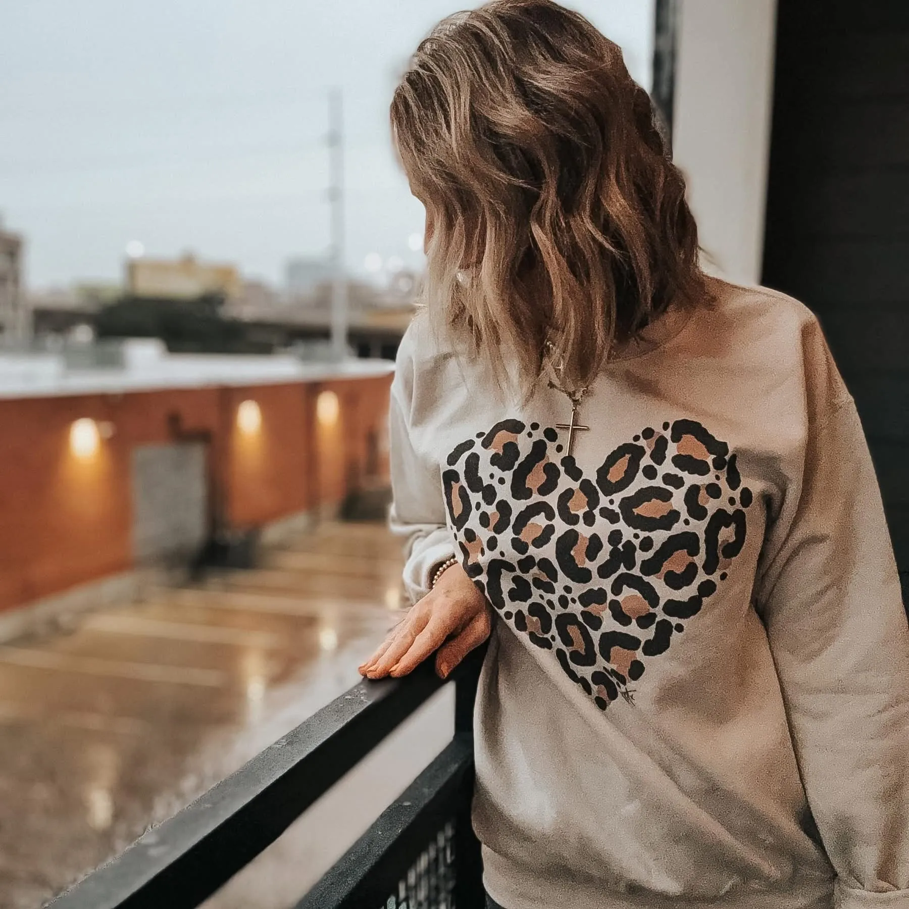{LOVE HER, BUT LEAVE HER WILD} Leopard Heart Stone Crew Neck Sweatshirt