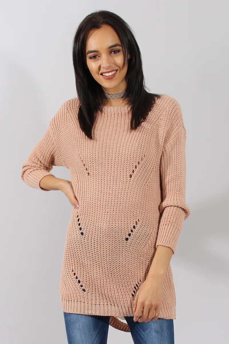 Pink Knitted Distressed Back Jumper Dress - Cara