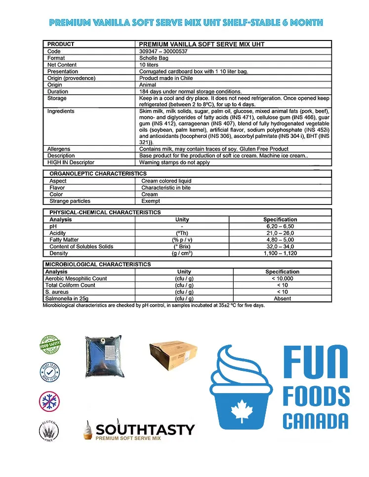 Shelf-Stable Premium Vanilla Liquid Soft Serve Ice Cream Mix - 10L Bag - UHT - Southtasty Exclusive Canadian Distributor