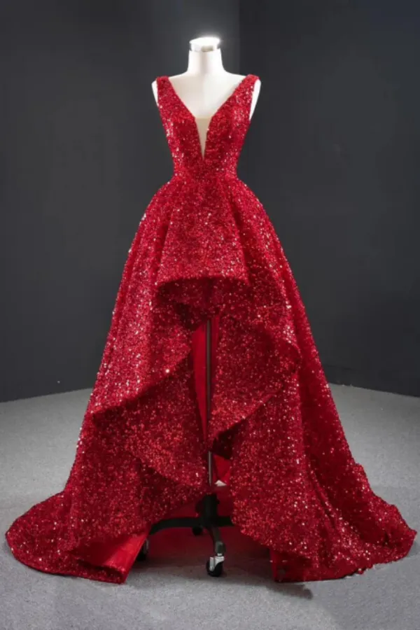 Sparkly Red Sequin High Low Prom Dresses Vintage Ball Gown APP0842