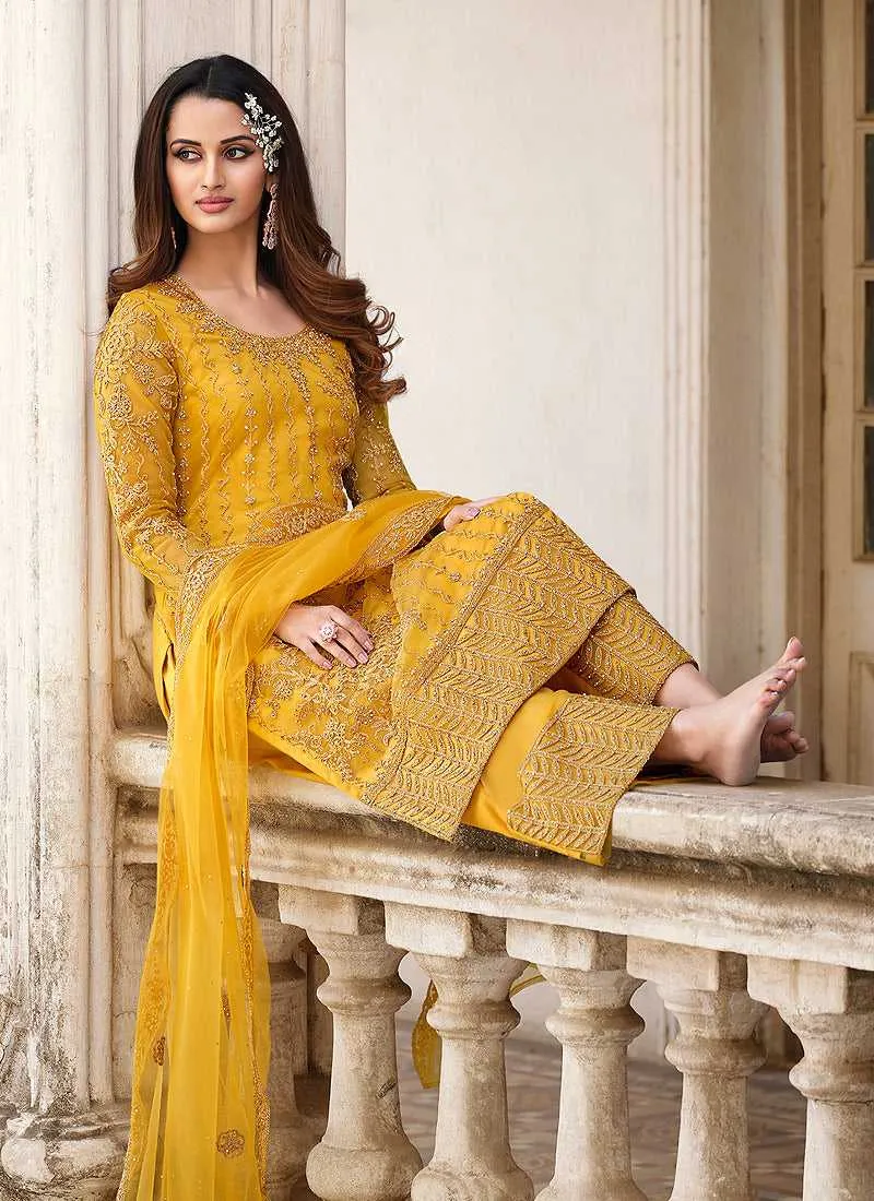 Yellow Heavy Embroidered Stylish Palazzo Suit